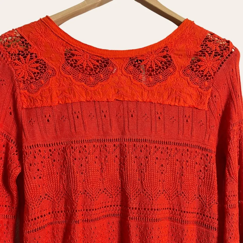 Free People Red Once Upon A Time Linen Crochet Bell Sleeve Top Size M